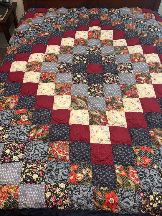 Other - Patchwork Quilted Bedspread in Burgundy, Navy, Floral - never used. Queen or ful